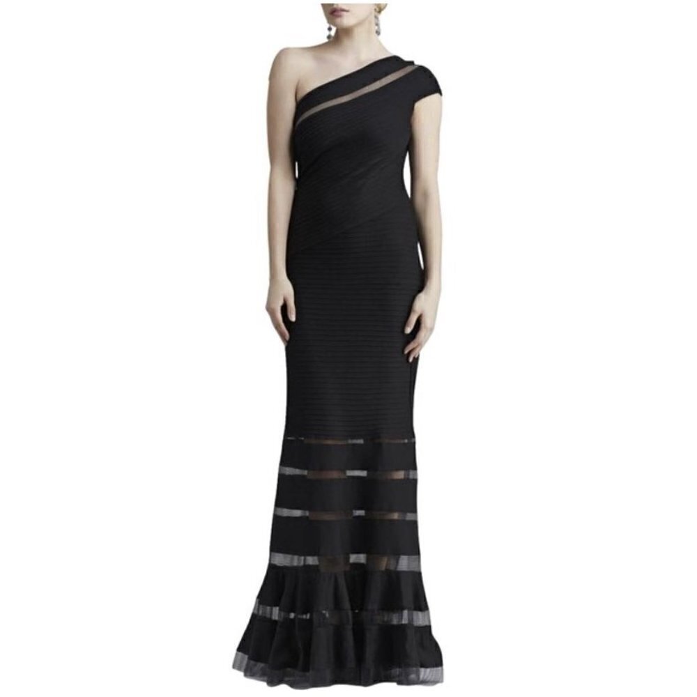 Tadashi Shoji One Shoulder Bodycon Mesh Maxi Formal Dress Evening Gown Size XS